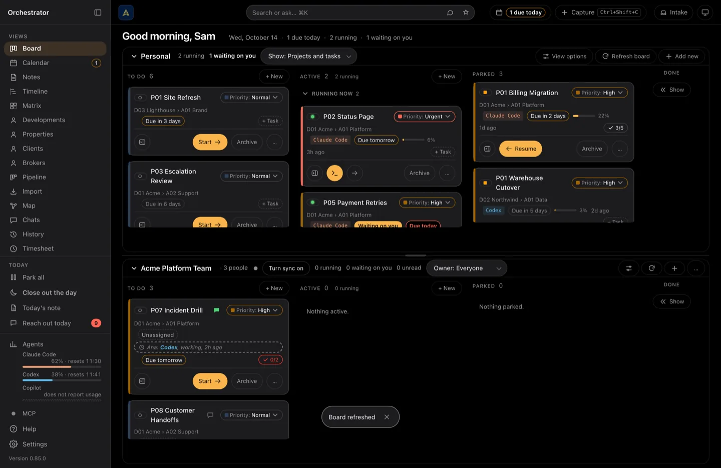 The Orchestrator board: a sidebar on the left with the views and the two spaces, and beside it both boards one above the other, each with its own header bar. Project cards sit in three columns, To do, Active and Parked. Each card names the project and its area; a running one shows the agent, how much of its context is used and when it last moved, one is marked waiting on you, and a due date is a small tag coloured by how near it is.