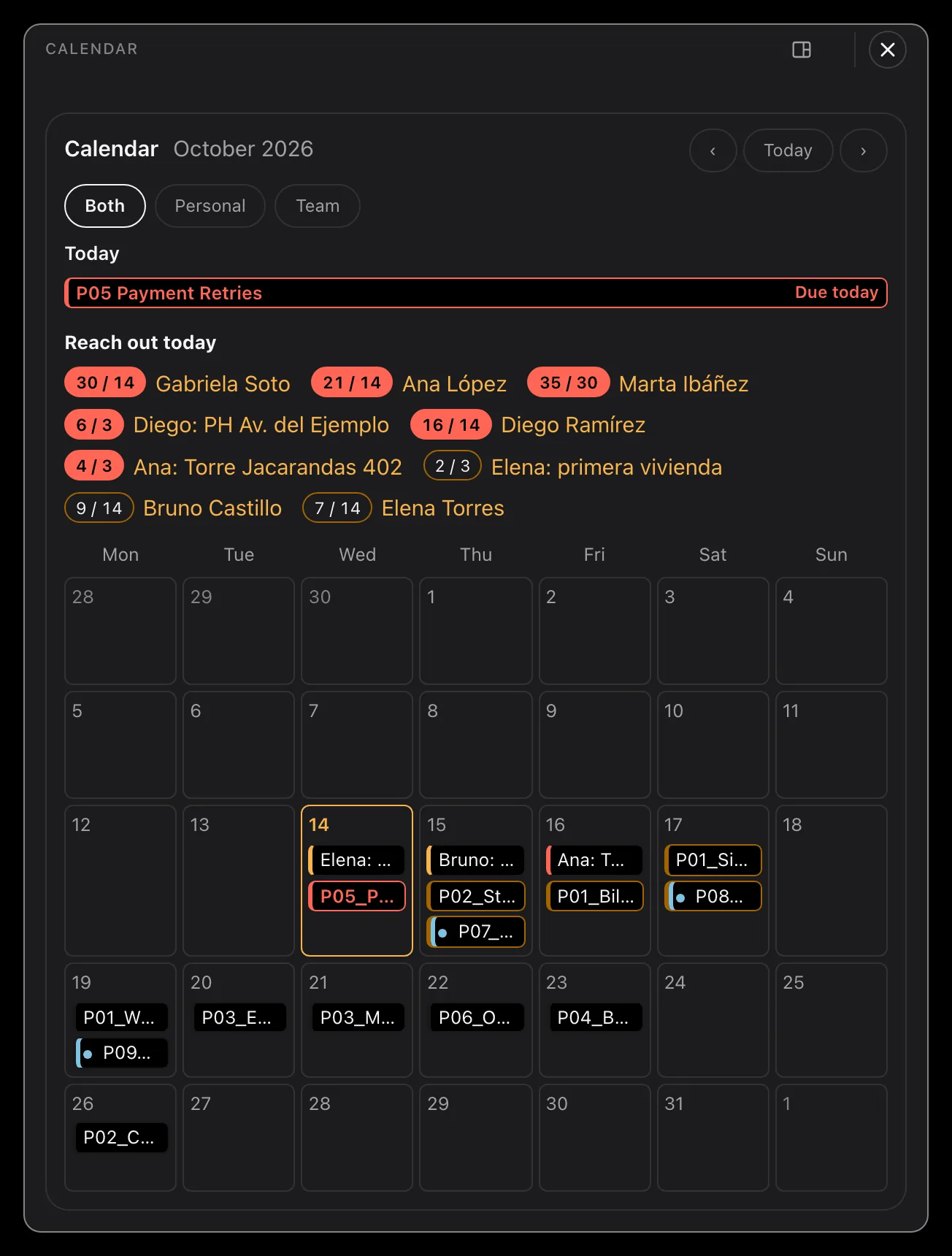 The calendar for September, with a filter set to show both boards. Entries sit on several days, the team's marked with a dot, and today is outlined.
