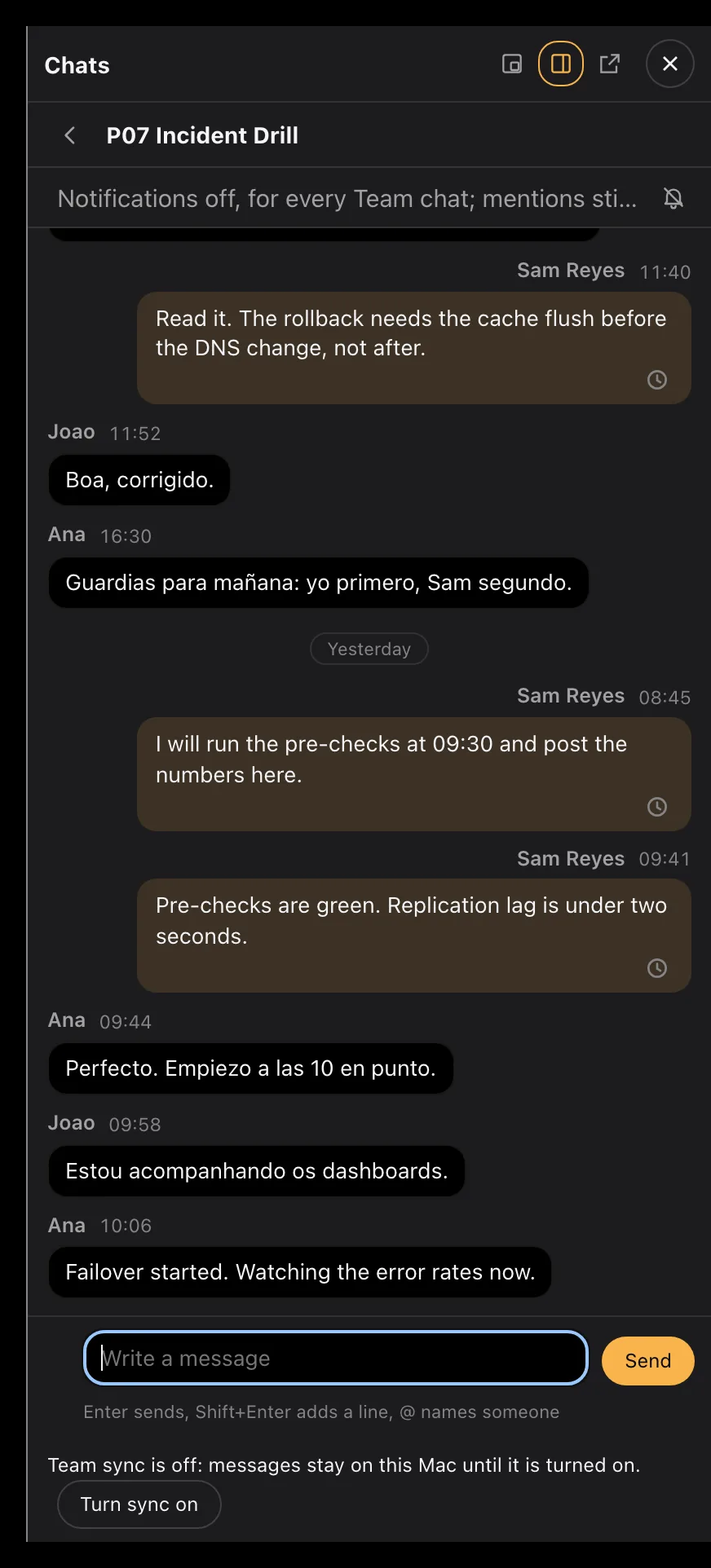 A team project's details panel with its chat open: messages from three people through the morning, about a failover drill and a rollback step, and a box to write to everyone on the project.