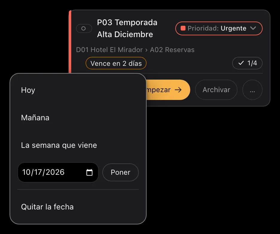 La fecha de entrega de una tarjeta, abierta: un menú con Hoy, Mañana, La semana que viene, una fecha a elegir y Quitar la fecha. En las tarjetas de alrededor, cada fecha es una etiqueta pequeña con un color según lo cerca que esté, desde discreto para dentro de una semana hasta relleno para mañana.